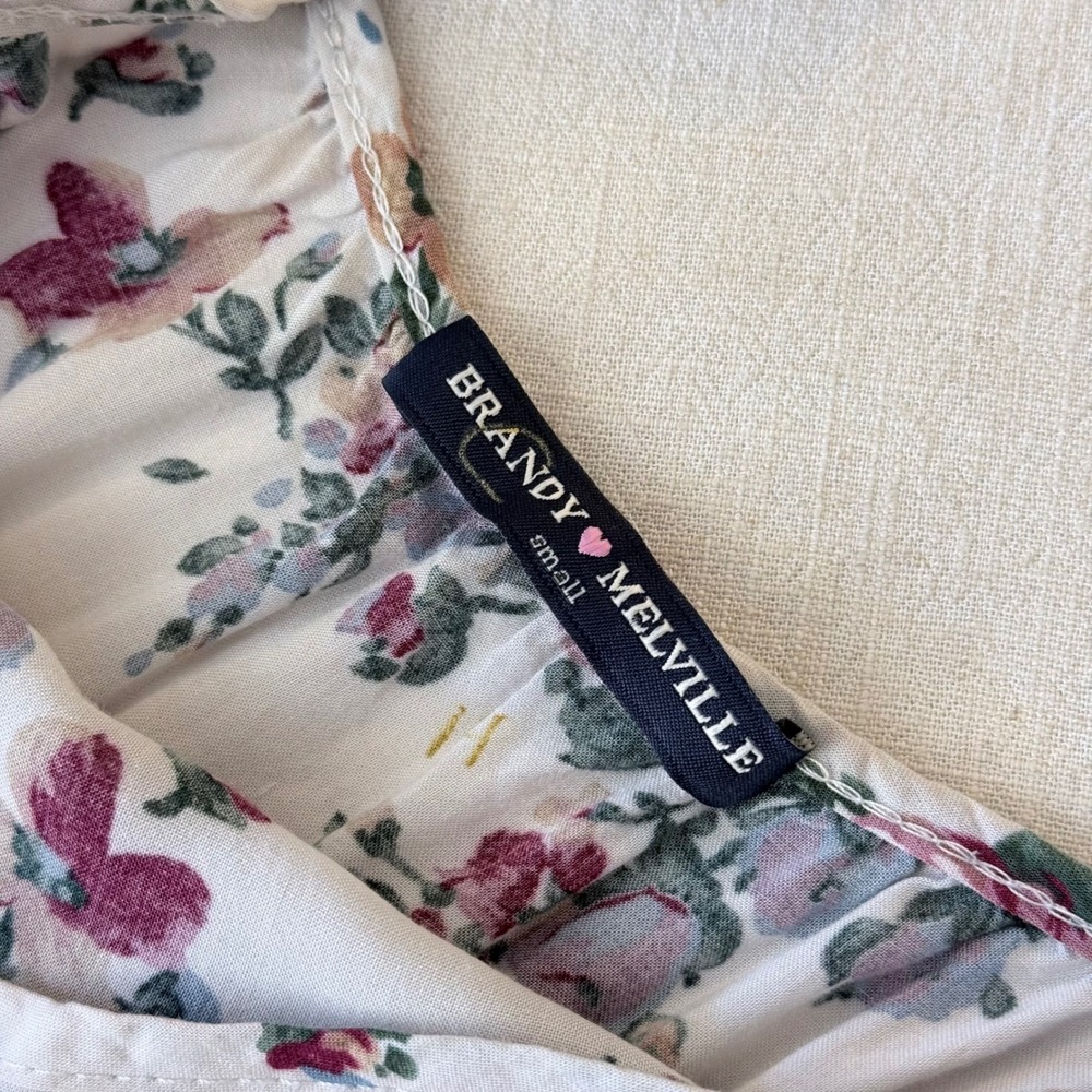 Brandy Melville Floral Mini Dress Small Cream Pink Rose Open Back Tiered - Picture 5 of 6